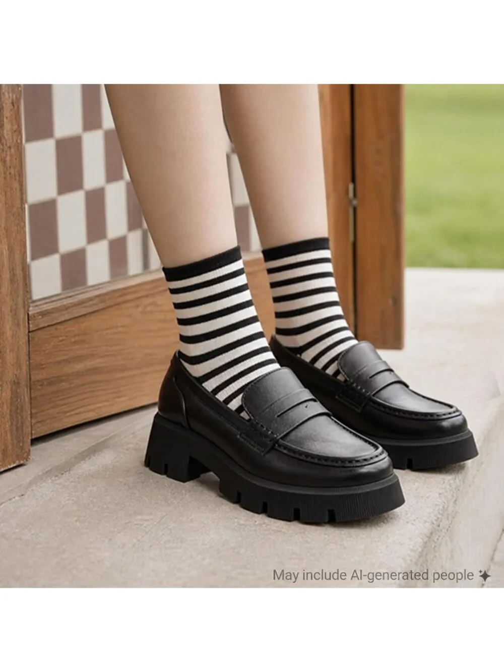 Women's Black Round Toe Heeled Chunky Lug Sole Slip On Casual Penny Loafer Shoes